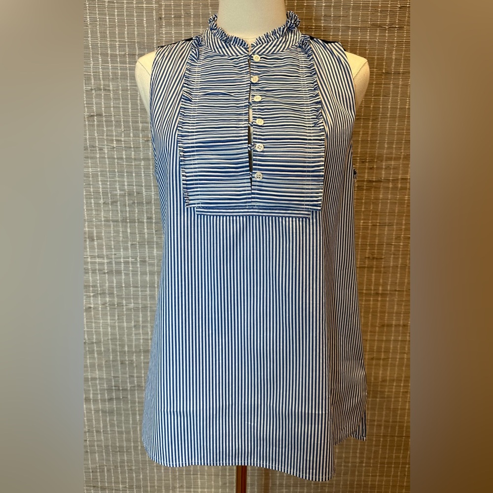 💜 J. Crew Blue & White Stripe Pleated Bib Pop Over Blouse 💜